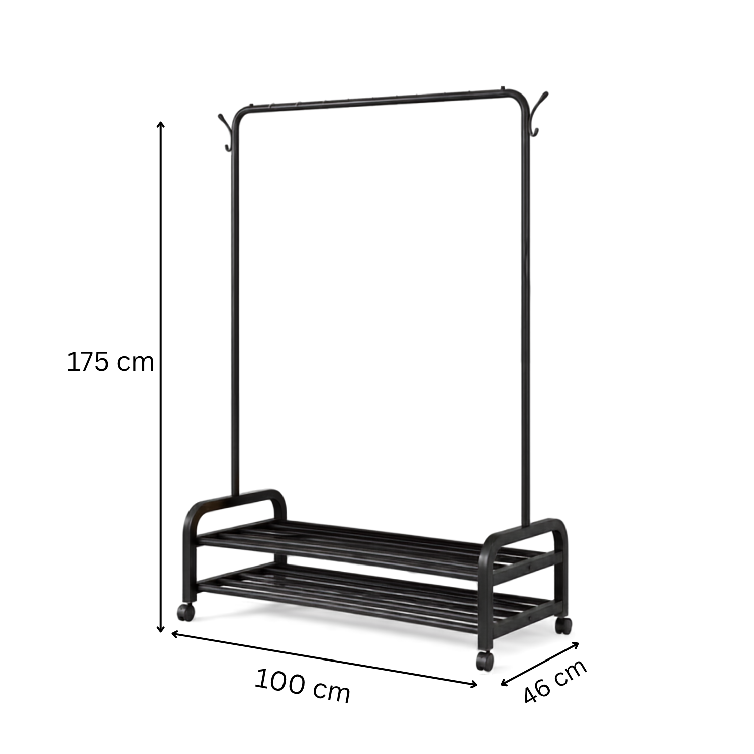 Multifunctional Single Pole Clothes Hanging Rack with Wheels and Bottom 2 Tier Shoe Rails