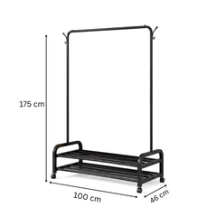 Multifunctional Single Pole Clothes Hanging Rack with Wheels and Bottom 2 Tier Shoe Rails