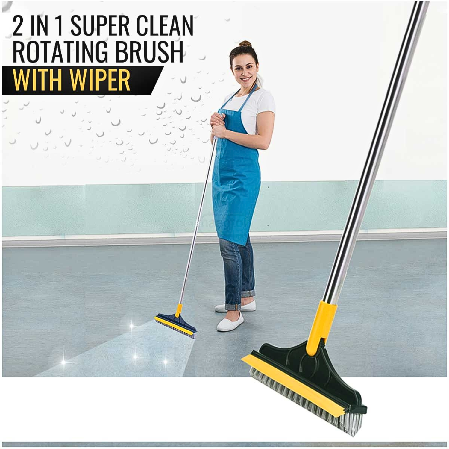 2 IN 1 Bathroom Floor Cleaning Hard Bristles Scrub Brush with Rotating Long Handle Wiper