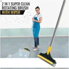 2 IN 1 Bathroom Floor Cleaning Hard Bristles Scrub Brush with Rotating Long Handle Wiper