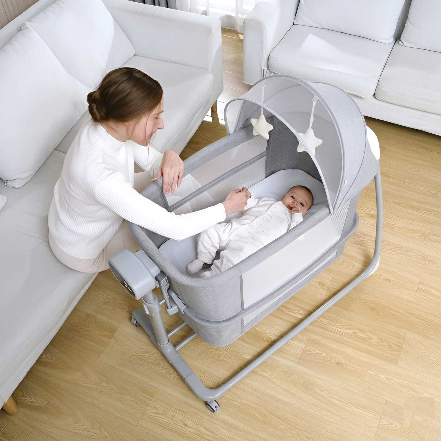 4 IN 1 Multi Functional Bedside Baby Bassinet, Newborn Crib with Breathable Mosquito Net and Mattress
