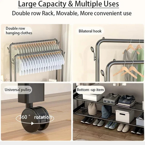 Clothes Organizer Stand with Wheels - 48 Kg Heavy Duty Double Layer Garment Hanger Rack