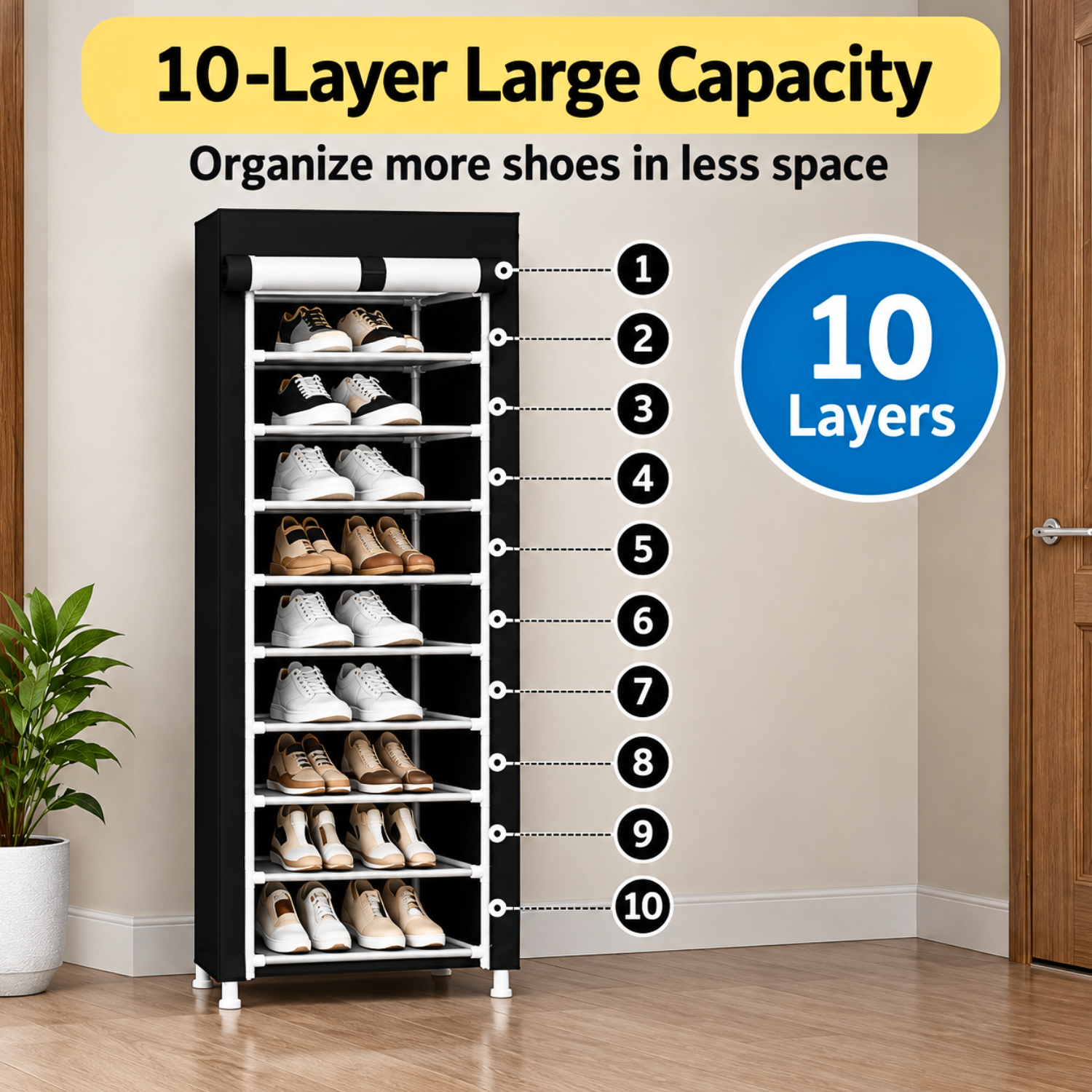 10 Layer Freestanding Shoe Rack with Dustproof Cover