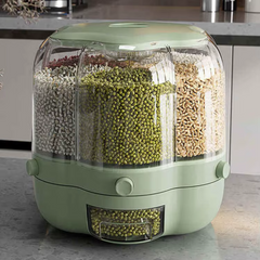 6 Grid Rotating 6.5Kg Rice & Cereal Dispenser Storage Organizer, One-click Rice Output