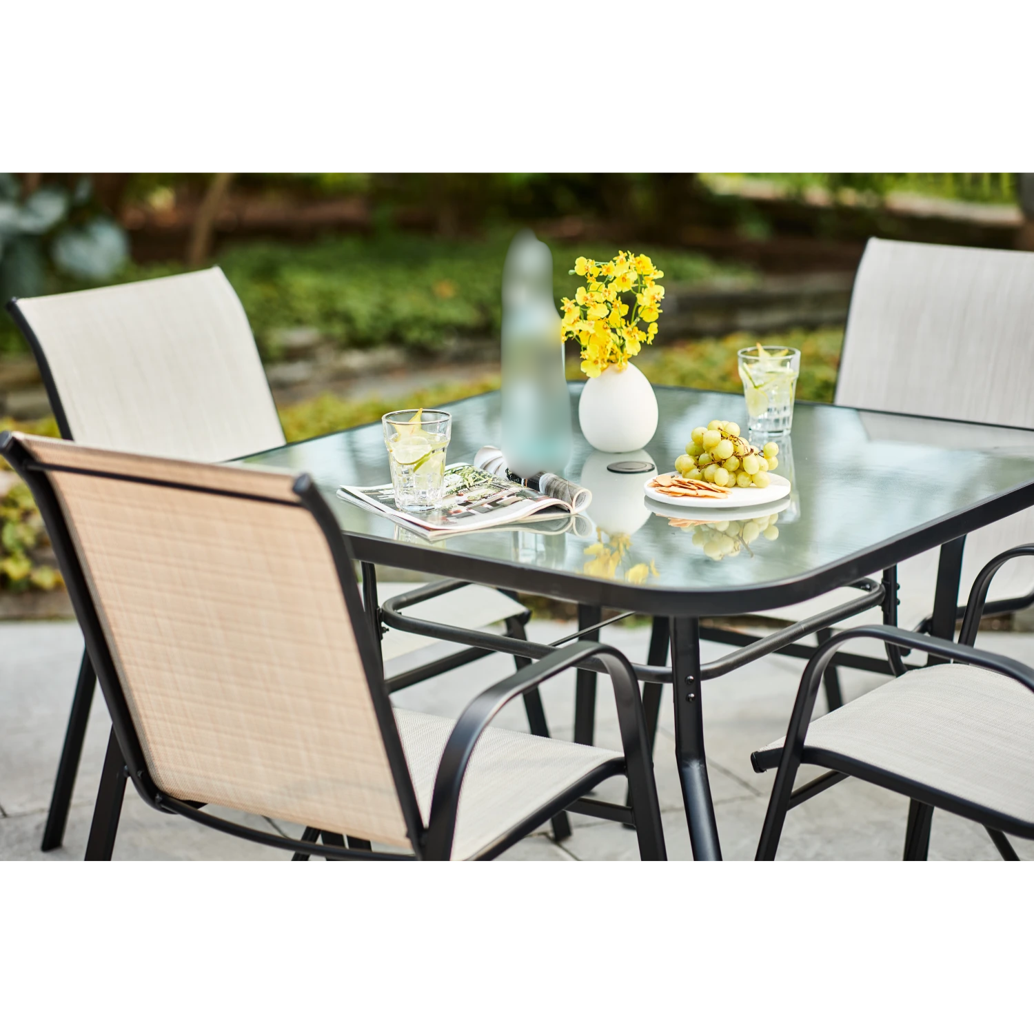 6 Seater Steel and Textilene Chairs with Center Glass Table Patio Garden Furniture