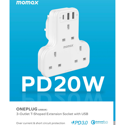 Momax Oneplug 3 Outlet T-Shaped Extension Socket with USB