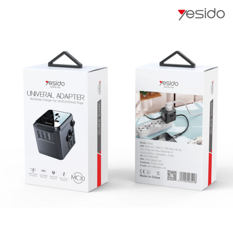 Yesido MC10 Universal Travel Adapter - UK/EU/US/AUS Plugs, 3 USB + 1 USB-C Port