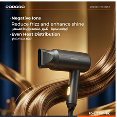 Porodo 1200W Foldable Hair Dryer with Negative Ion Technology