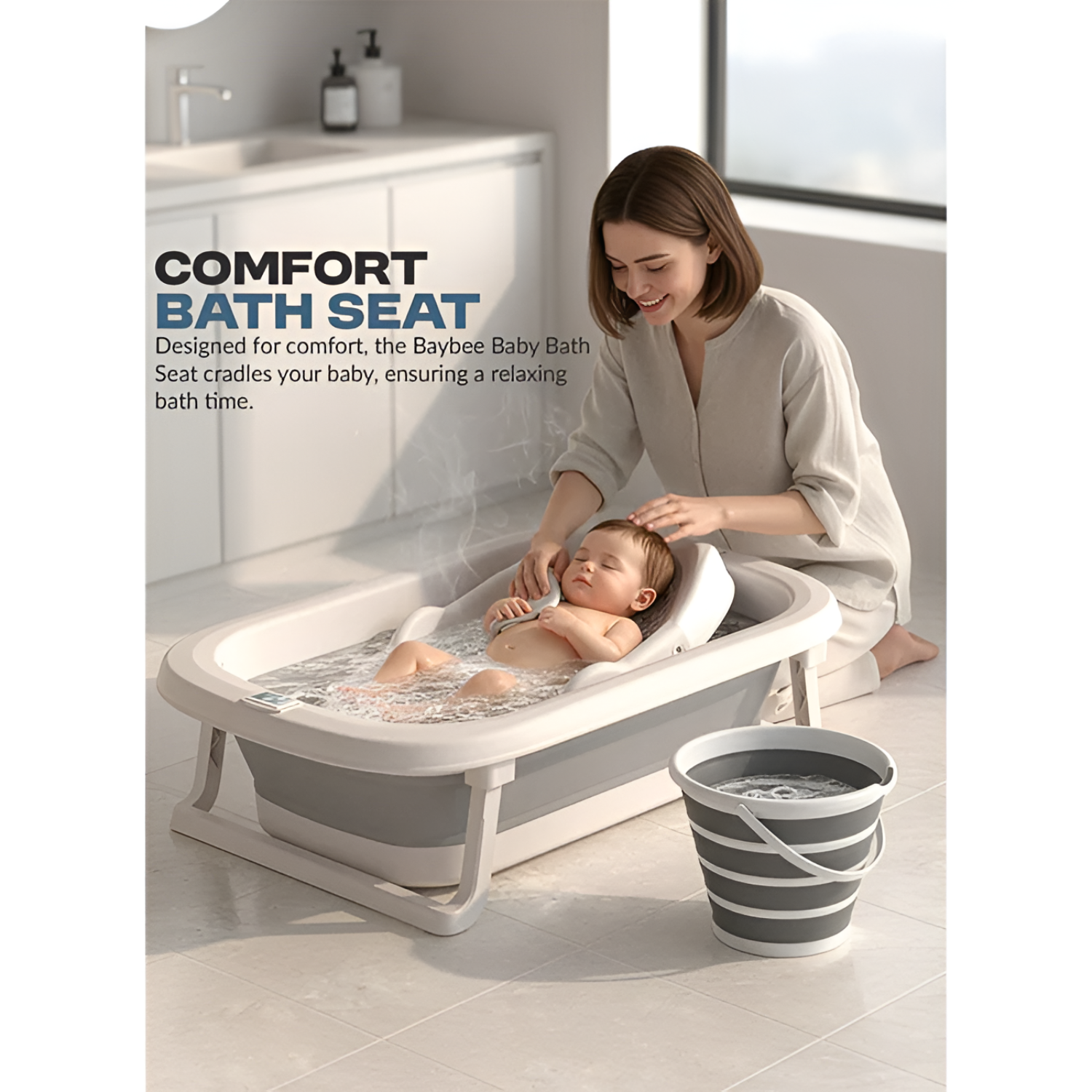 5 IN 1 Folding Baby Bathtub Set with Washbasin, Bucket and Water Ladle