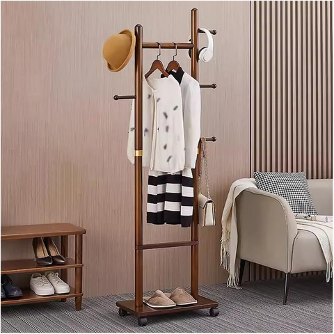 Wooden Hall Tree Clothing Organizer Rack with Hooks