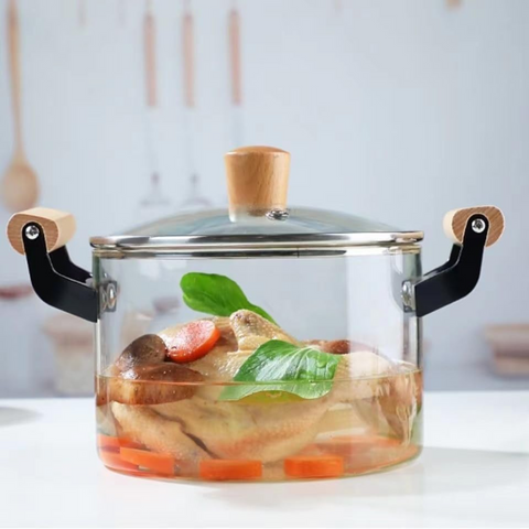 Transparent Glass Pot with Lid and Wooden Handle, High Boron Glass Pot for Gas Stove