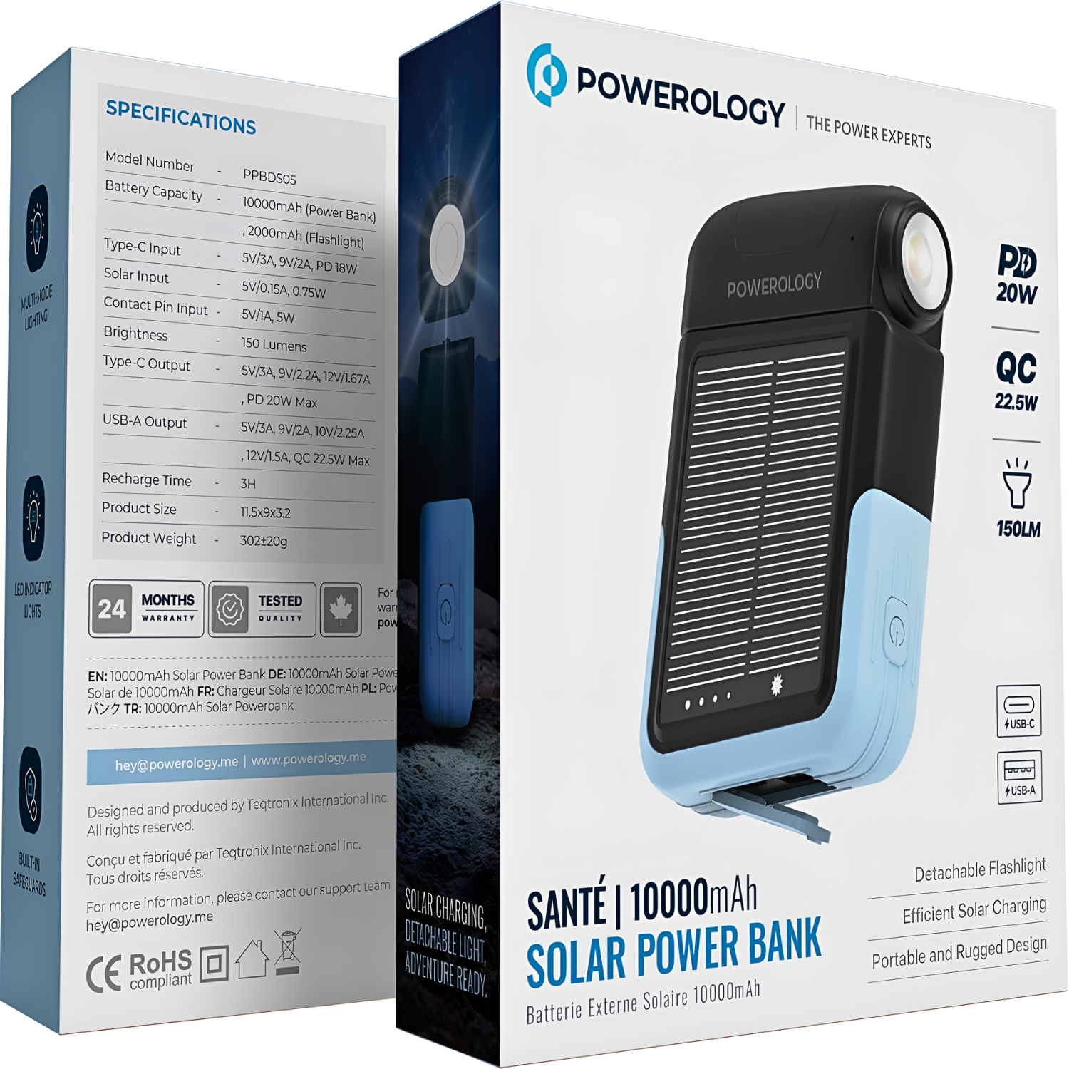 Powerology Sante 10000mAh Solar Power Bank with Detachable Flashlight