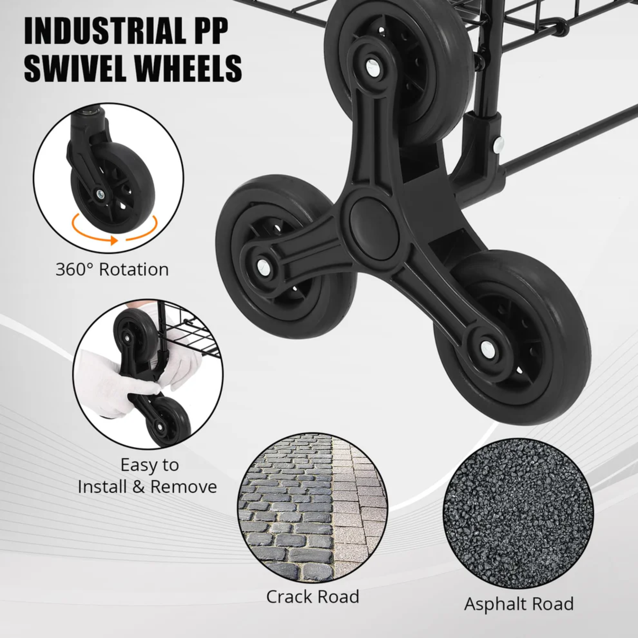 Folding Grocery Cart with Stair Climbing Wheels, Collapsible Utility Shopping Trolley