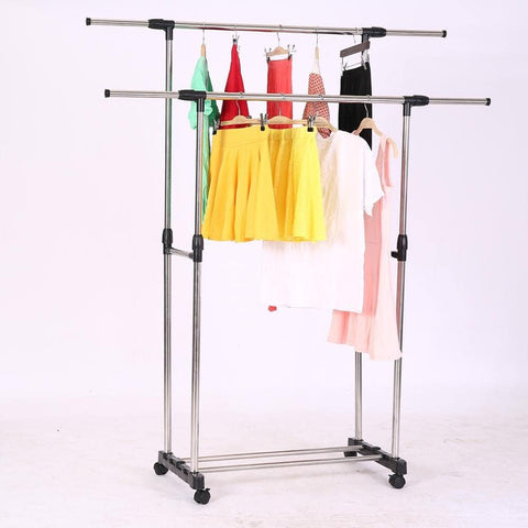 Stainless Steel Double Rails 2x Telescopic Clothes Rack with Wheels