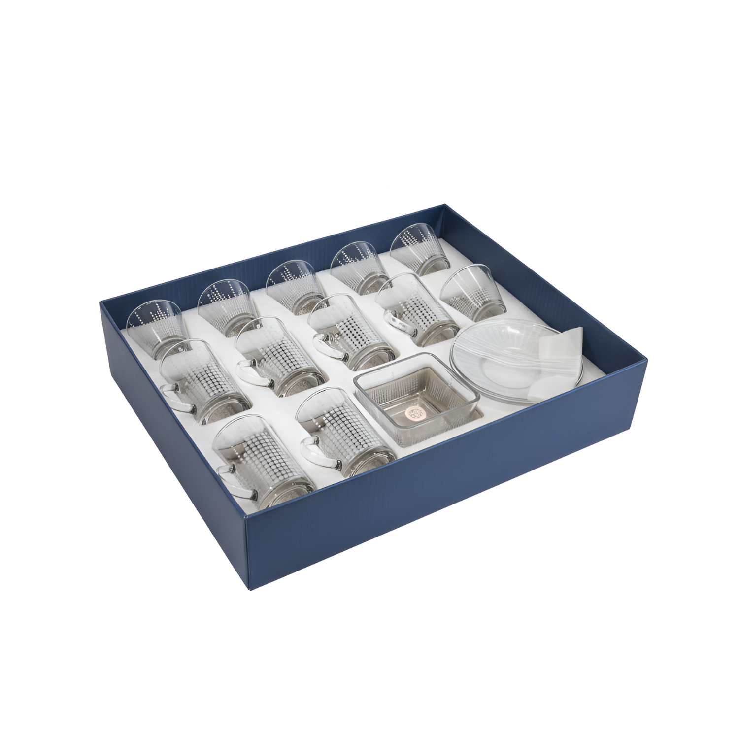 Glass Tea Cups and Ceramic Arabic Coffee Qahwa Cups Set (18 Pcs) White Dotted Grid