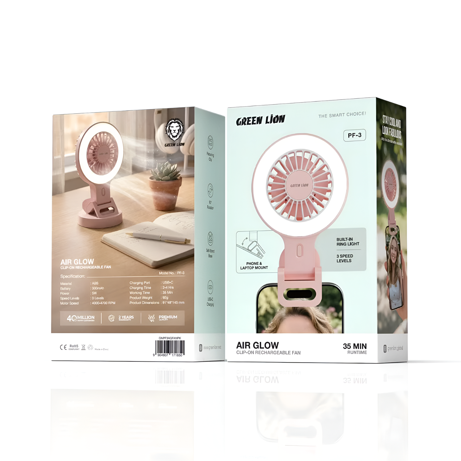 Green Lion Air Glow Clip On Rechargeable Fan with Ring Light