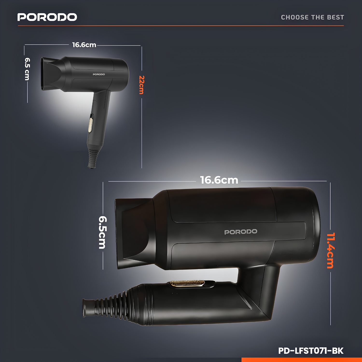 Porodo 1200W Foldable Hair Dryer with Negative Ion Technology