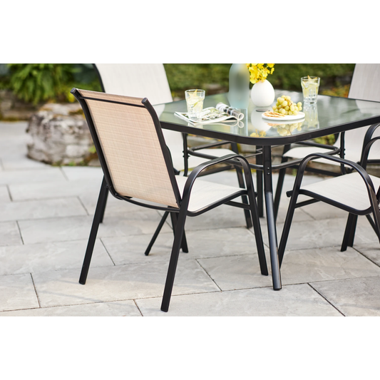 6 Seater Steel and Textilene Chairs with Center Glass Table Patio Garden Furniture