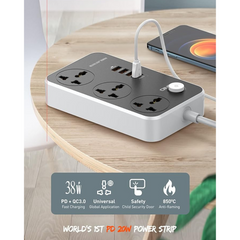 LDNIO SC3412 2500W 20W USB C PD, 3 Port QC3.0 Fast Charging Power Socket Power Strip