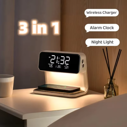 3 IN 1 Elegant Bedside Night Lamp with Wireless Charging, Alarm Clock and LCD Display