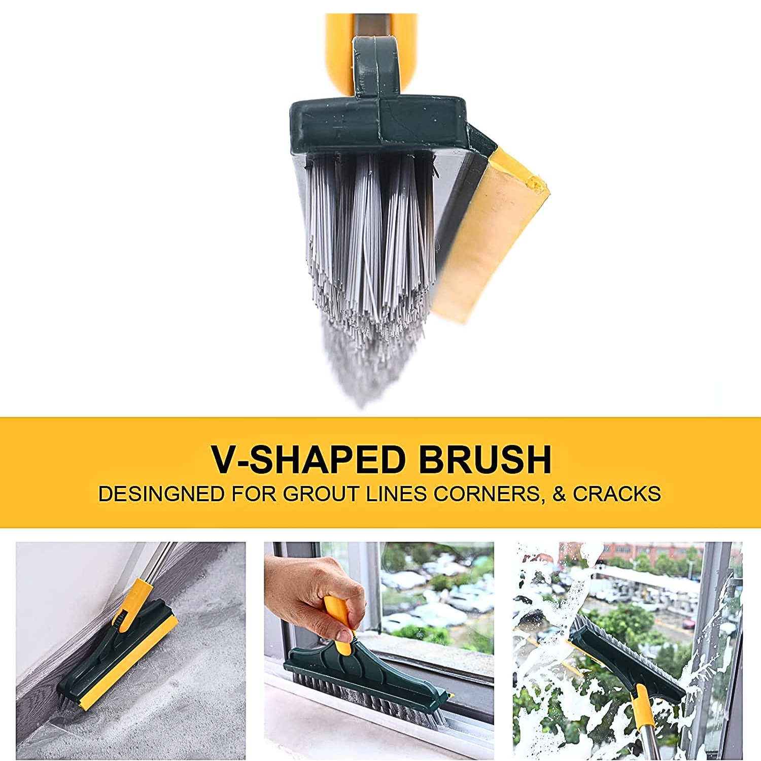 2 IN 1 Bathroom Floor Cleaning Hard Bristles Scrub Brush with Rotating Long Handle Wiper