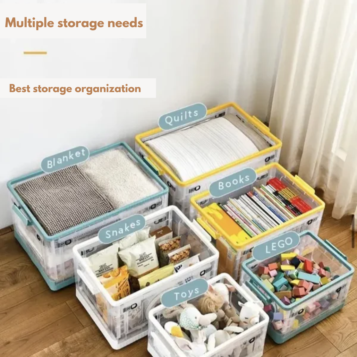 Collapsible Folding Clear Plastic Clothes Storage Box with Latching Lids & Wheels