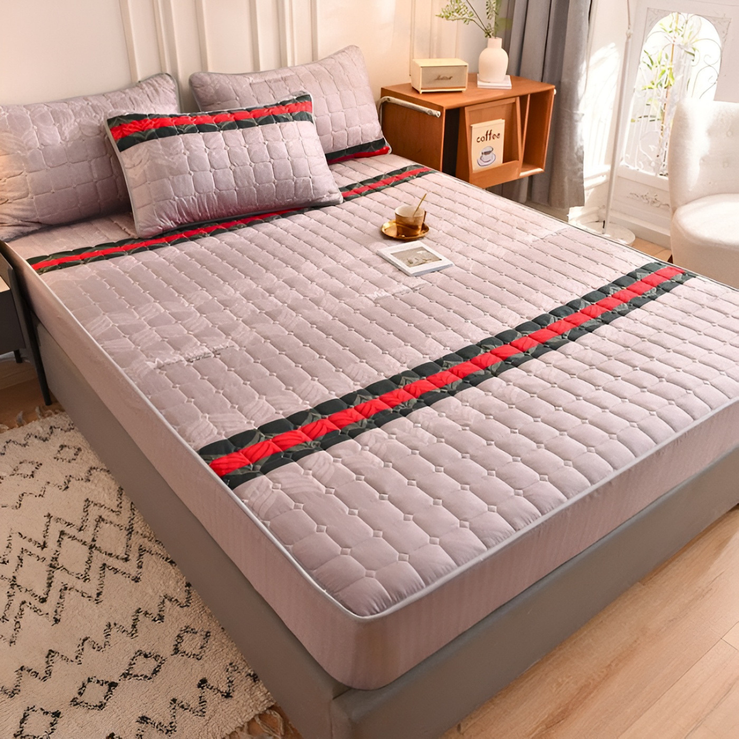 Quilted Waterproof Fitted Size Mattress Protector Bed Sheet with 2 Pillow Cases Color 1