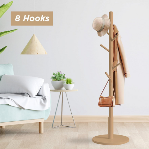 Straight Wooden Coat Hanger Clothes Stand with 8 Hooks