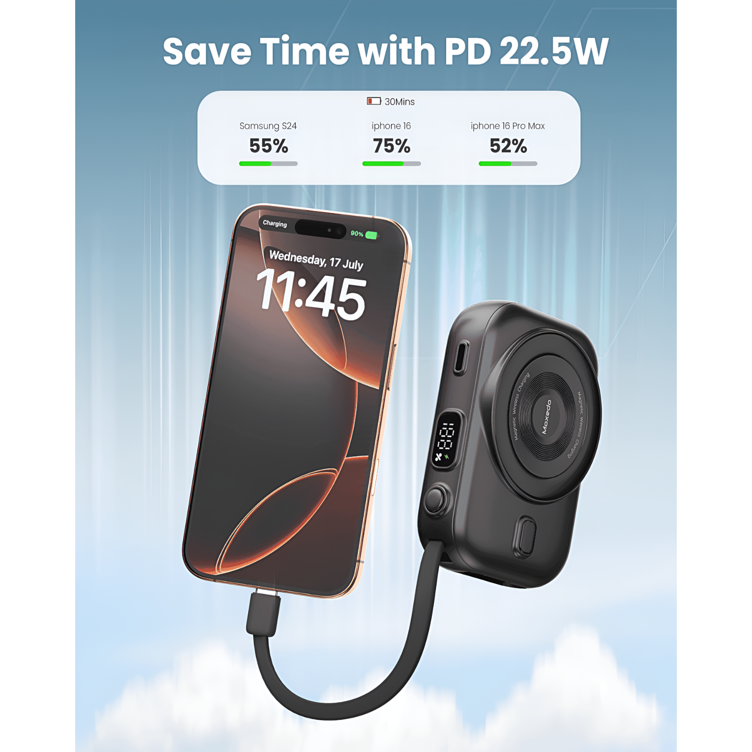 Moxedo 5x 10000mAh Wireless Charging Power Banks with Charging Dock Station, Built-in Cables, USB C Fast Charging and Digital Display