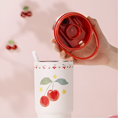 Diller Cherry Cartoon 900ml Insulated Thermal Vacuum Tumbler Ceramic Liner Portable Water Flask