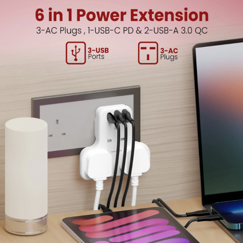 Moxedo 6 IN 1 Power Extension Adapter with PD QC Fast Charging