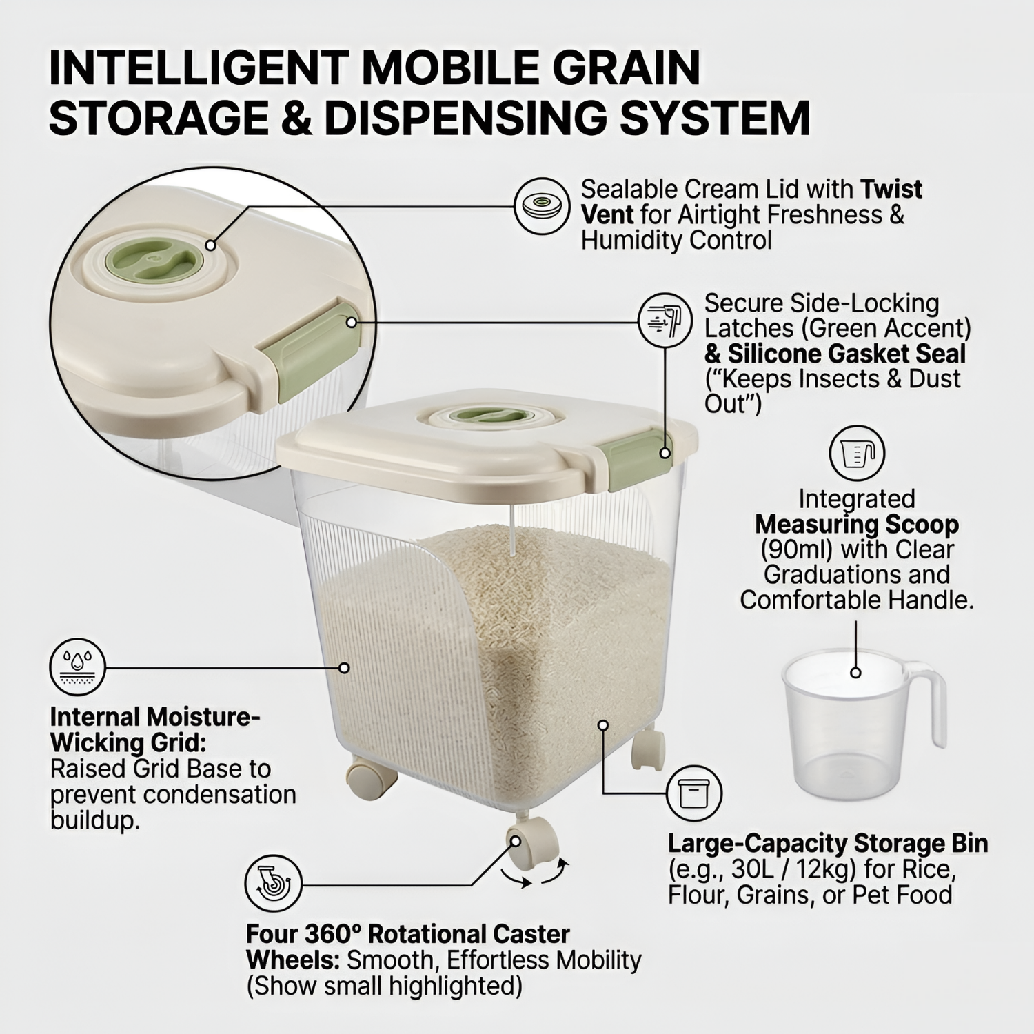 30 Liter Large Capacity Airtight Rice Storage Bucket Container with Wheels, Mug and Secure Latch System
