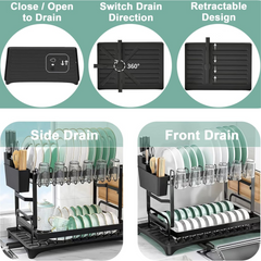 Double Layer Countertop Dish Drying Rack with Cutlery Holder, Cup Rack, Drainboard