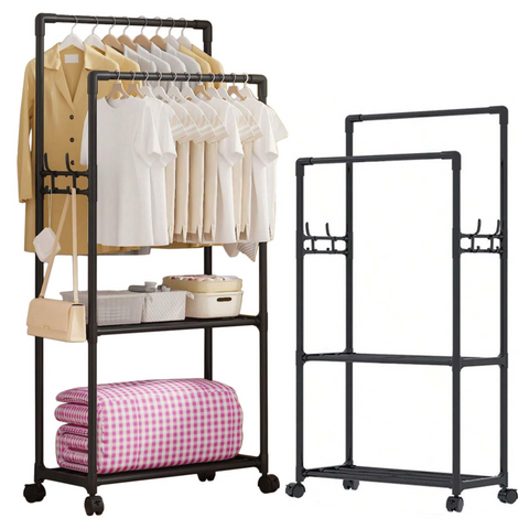 Double Clothes & Coat Hanging Rack with Storage Shelf and Wheel