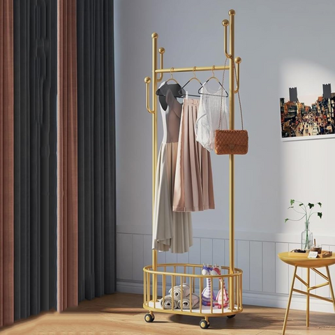 Classic Minimalist Metal Clothing Stand with Laundry Basket and Wheel