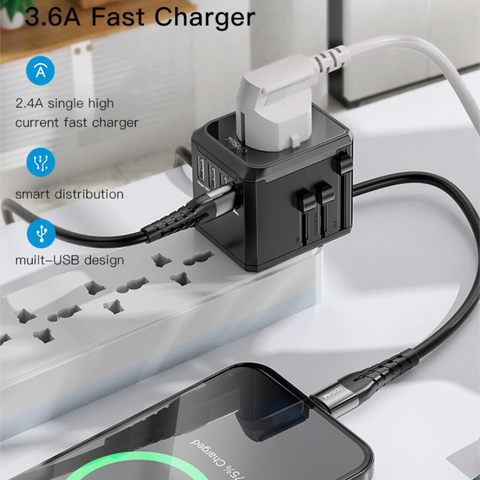 Yesido MC10 Universal Travel Adapter - UK/EU/US/AUS Plugs, 3 USB + 1 USB-C Port