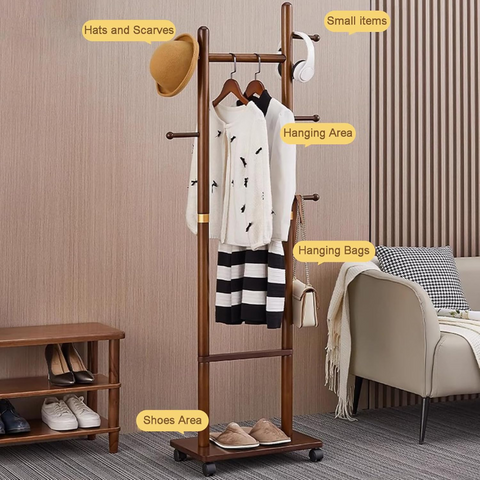 Wooden Hall Tree Clothing Organizer Rack with Hooks