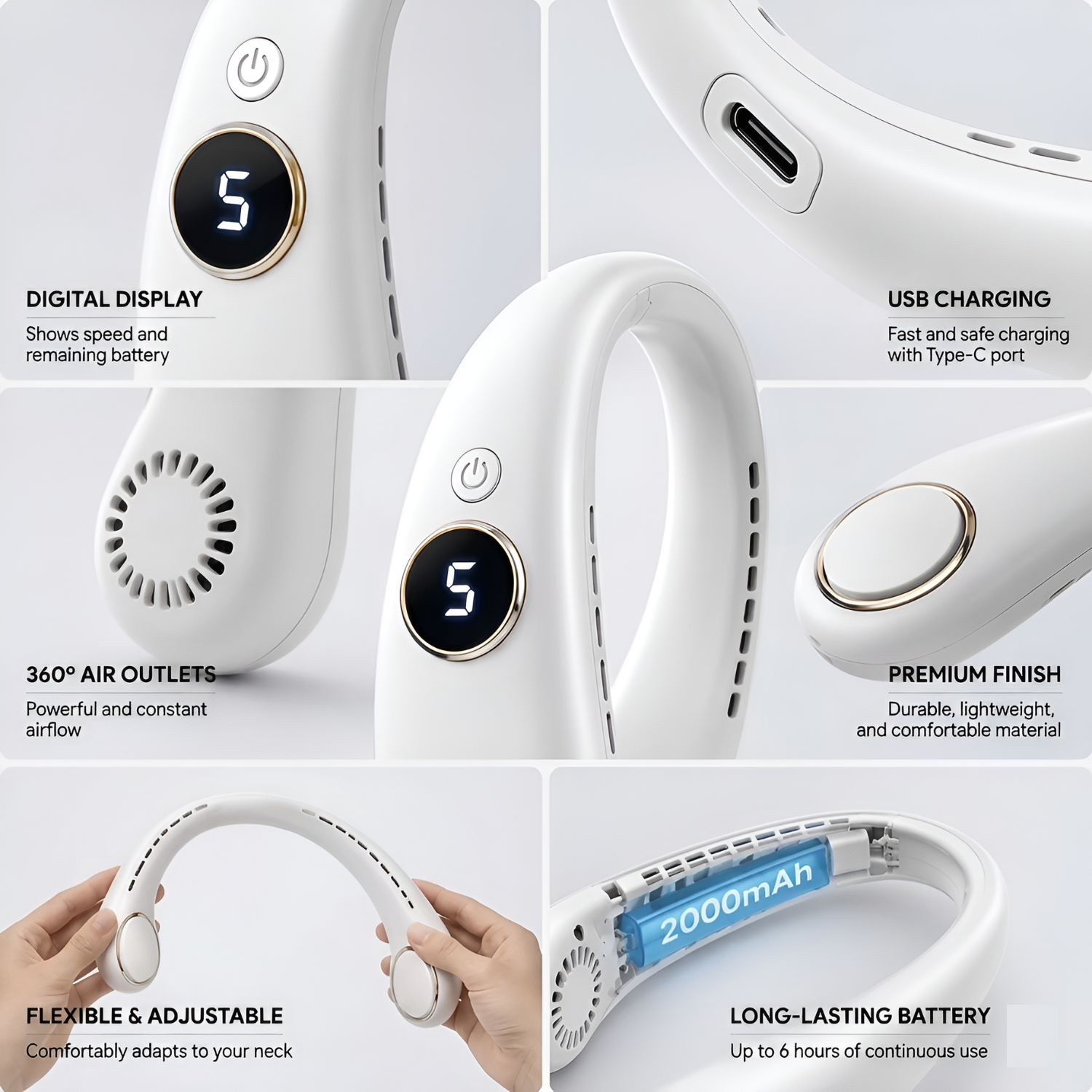 5 Speed Folding Neck Hanging Recharging Fan With Digital Display