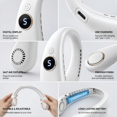 5 Speed Folding Neck Hanging Recharging Fan With Digital Display