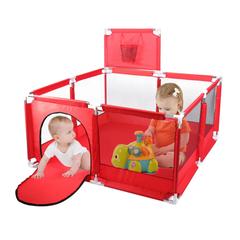 Baby Kids Playpen with Basketball Hoop, 126 x 126 cm Baby Play Yard Fence with 30 Balls Red