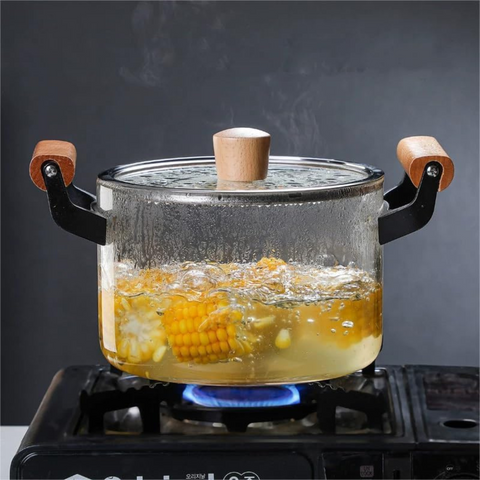 Transparent Glass Pot with Lid and Wooden Handle, High Boron Glass Pot for Gas Stove