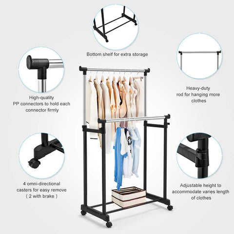 Stainless Steel Double Rails Telescopic Clothes Rack with Wheels