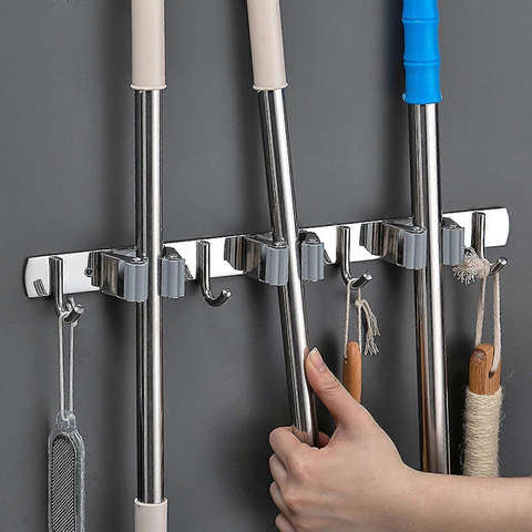 Stainless Steel Wall Drilling Mop & Broom Organizer