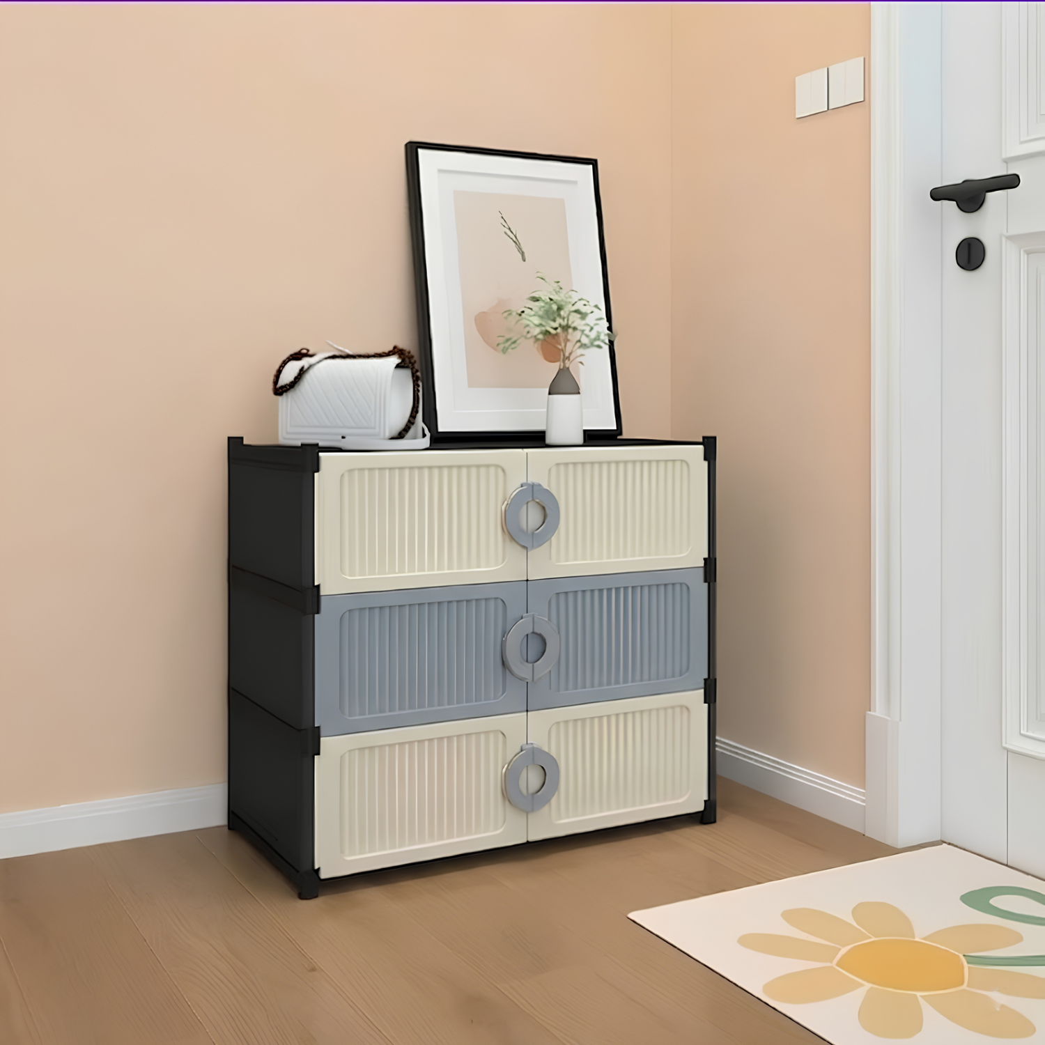 Multi Layer Foldable Shoe Cabinet with Fully Enclosed Anti Dust Storage Blue-White 3 Layer