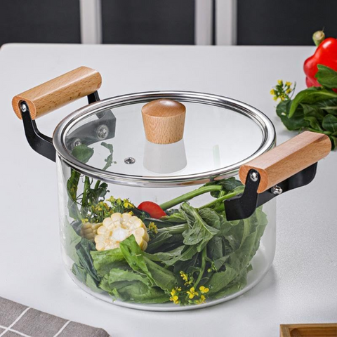 Transparent Glass Pot with Lid and Wooden Handle, High Boron Glass Pot for Gas Stove