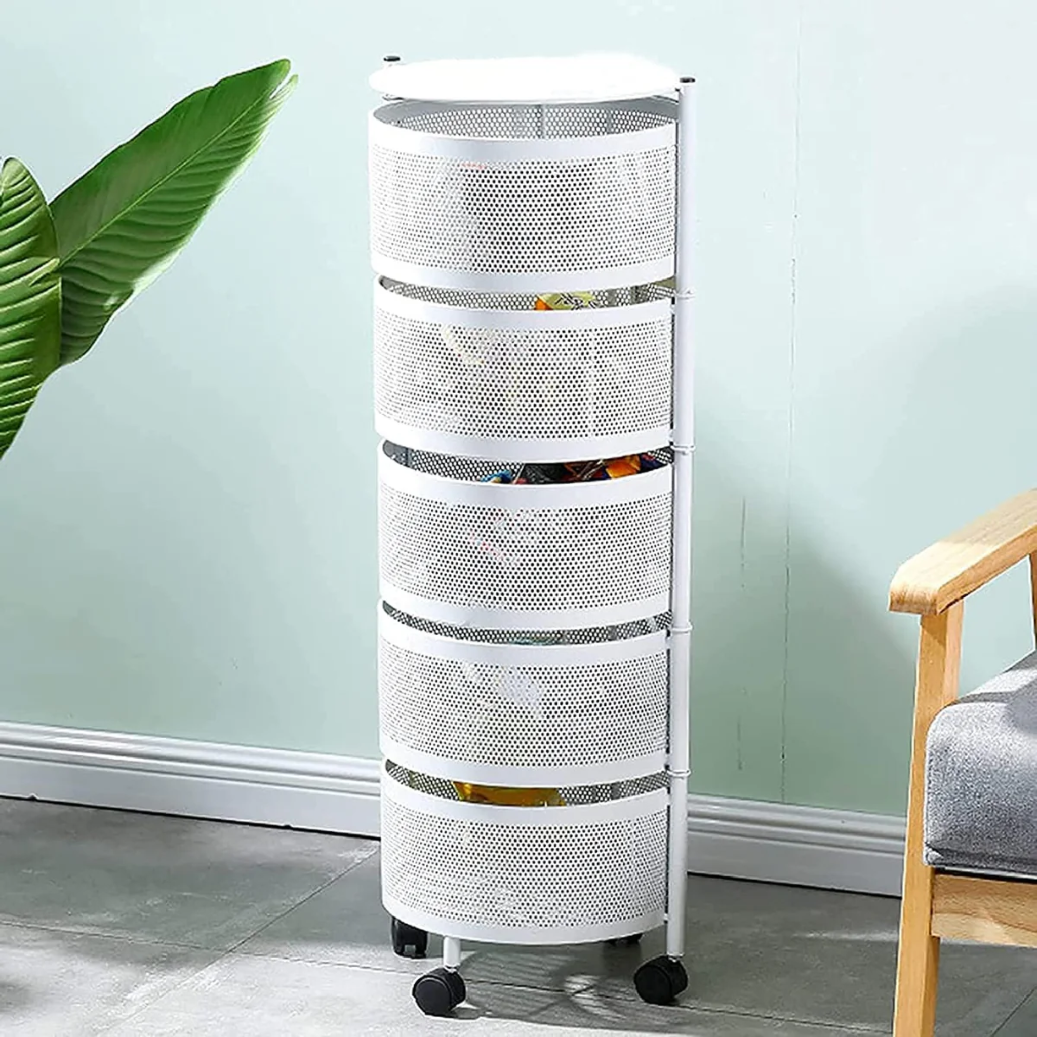 Multi Layer Rotating Round Shaped Kitchen Storage Organizer Rack White 5 Layer