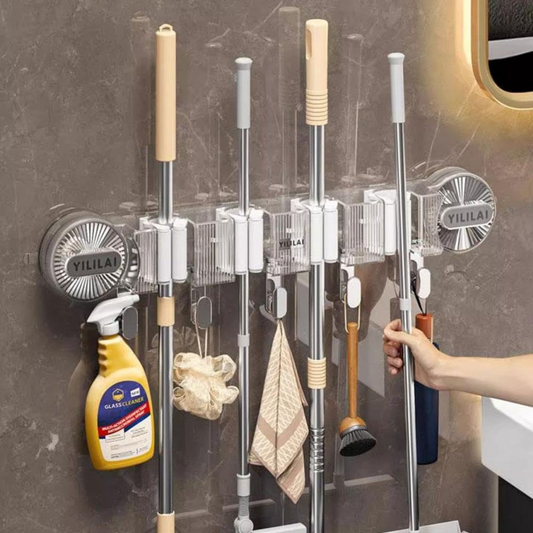 Suction Type Mop Holder / Wall Mounted Quick Setup Brooms Organizer with Hooks