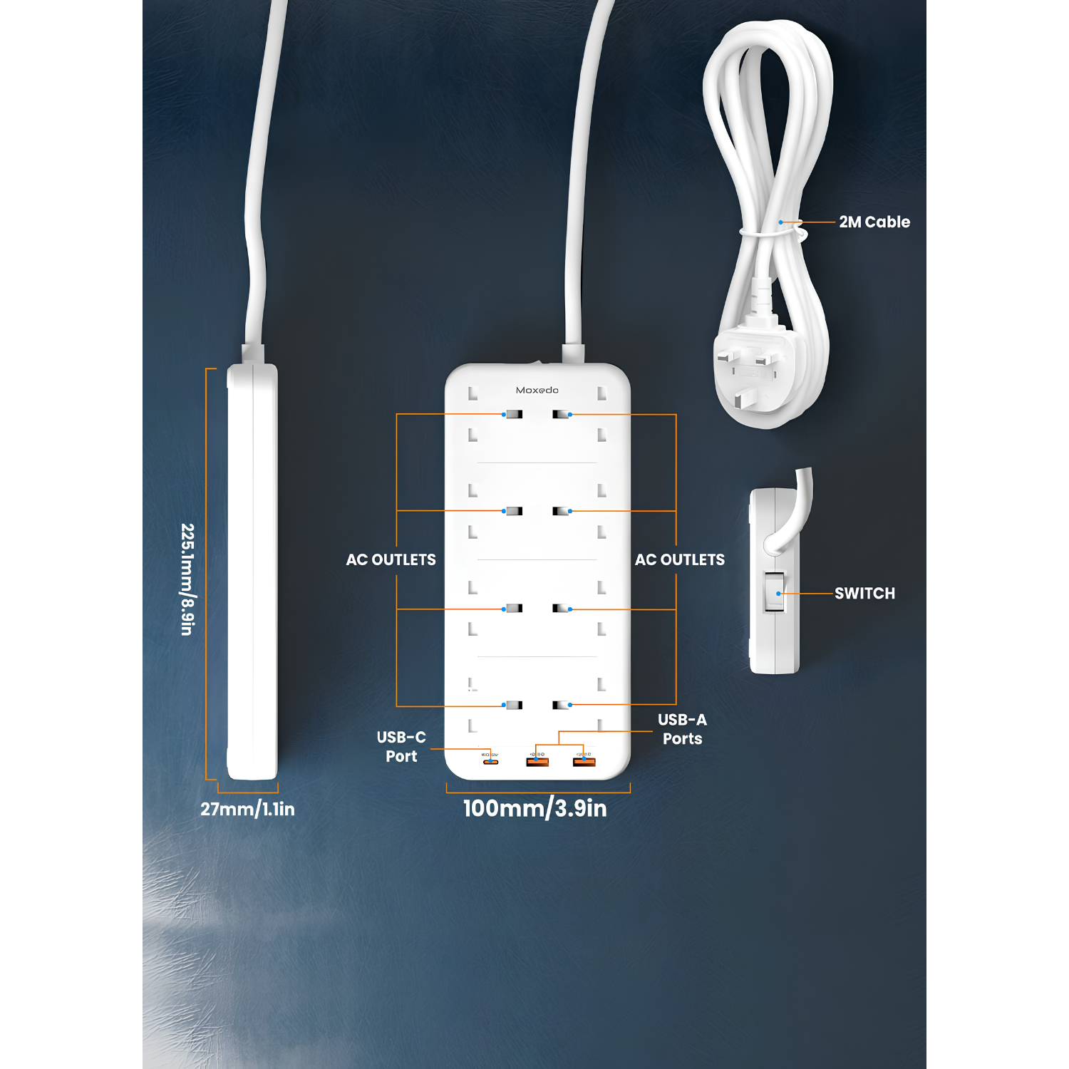 Moxedo Power Strip Surge Protector with 8 AC Outlets and 3 USB Ports, 2M Cable Length