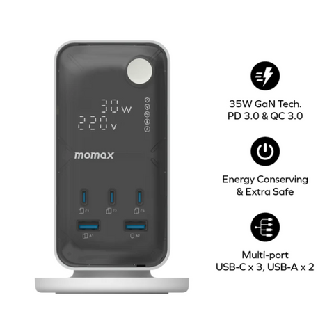 Momax 1-Charge Work Flow 6-Outlet GaN Power Tower 35W with USB Ports