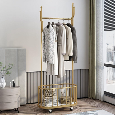 Classic Minimalist Metal Clothing Stand with Laundry Basket and Wheel